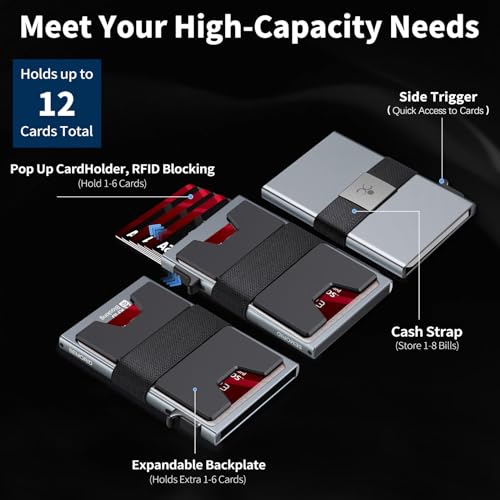 Image of SEMORID Slim Aluminum Card Holder Wallet for Men, Durable Expandable Backplate, RFID Blocking Minimalist Metal Pop Up Wallet, Holds 12 Cards Plus Cash (Grey)