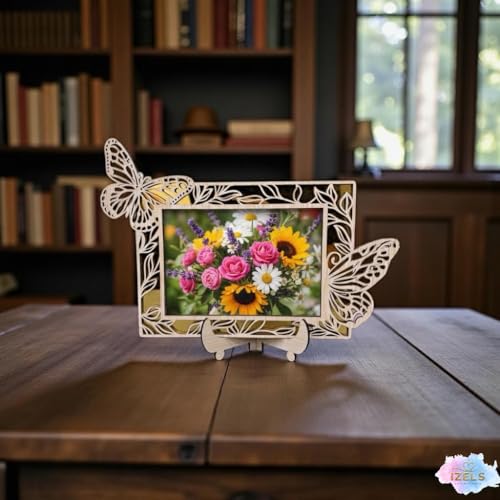 Image of Rectangle Photo Frame | Wooden Decorative Picture Frame with Butterfly Laser Cut Border & Clear Acrylic Front | Wall & Tabletop Display | Premium Home Decor & Gift (22x16 cms)