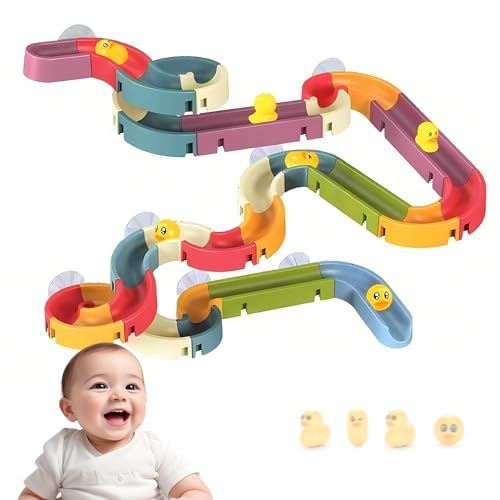 Image of Kidology Small Duck Slide Track Bath Toys, Bathtub Fun Construction Toy Game for Kids, Slide with Tiny Yellow Ducks (40 Pcs Set)