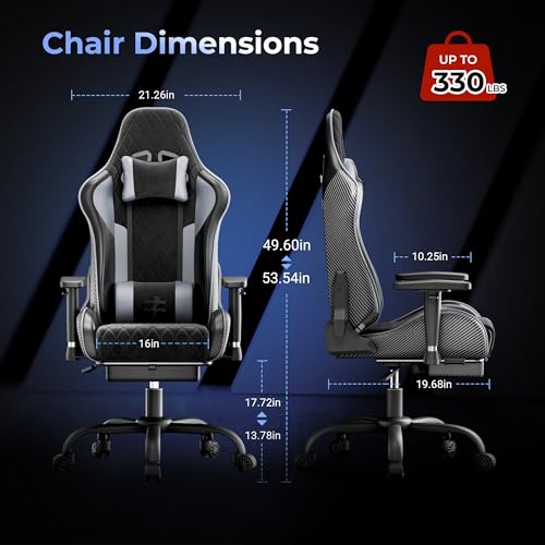 Seenda GCPro-10 Gaming Chair, 145° Reclining Office Chair with Footrest and Full Metal Frame Supporot up to 330 lbs, Adjustable 2D Armrests, 5 Inch Fabric Cushion, Carbon Fiber Design (Black + Grey) - Image 4