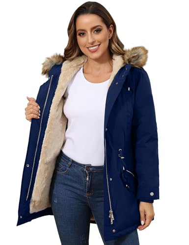 ROYAL MATRIX Women's Winter Coats Fleece Lined Parka Jacket Hooded Long Winter Warm Parka Coat with Pockets Navy,22