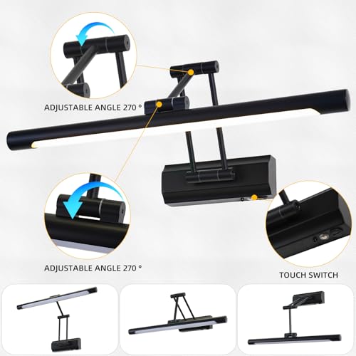Image of 17 inchBattery Operated Picture Light, 5200mAh Rechargeable Wall Light for Paintings, 3-Color & Dimmable LED Art Light with 270 Rotate Arm, Cordless Frame Lighting for Gallery, Living Room, Black
