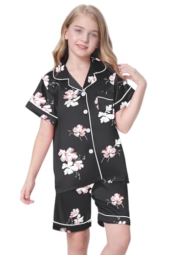Image of Schbbbta Girls Womens Pajamas, Satin Silky Pjs Set Kids 2Pcs Button-Down Nightwear Sleepwear Gift for Mommy and me