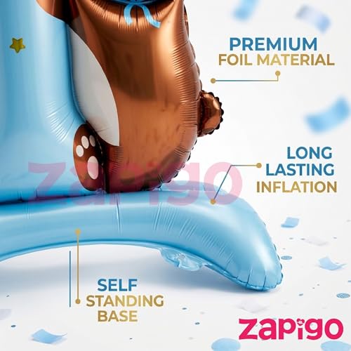 Image of Balloonistics Number 1 Self-Standing Blue Foil Balloon with Teddy Bear | 1st Birthday Baby Boy Decoration | First Birthday Balloon | No Helium Needed