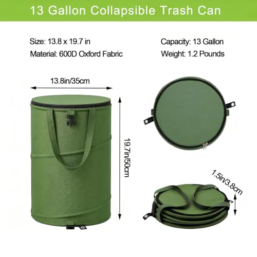 Image of Collapsible Trash Can 13 Gallon, Pop Up Trash Can with Zipper Lid | Heavy Duty 600D Oxford Fabric, Portable Outdoor Camping Trash Can, Foldable Recycle Bin for Home Garage Camping(13Gallon Lid)