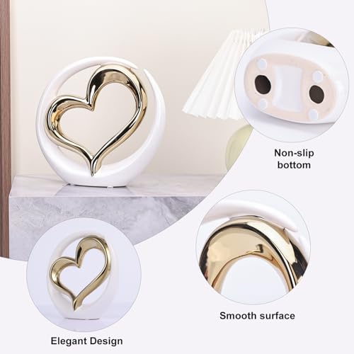 Estatua decorativa corazón de porcelana blanco y dorado miniatura 3