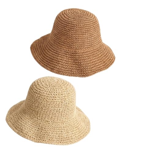 OhebEsx 2er Pack Strohhut Damen Beige & Khaki Faltbarer Sonnenhut mit breiter Krempe Leichter Strandhut für Sommer Urlaub & Gartenarbeit Atmungsaktiver UV-Schutz 24 x 20 cm