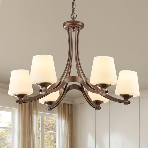 Image of 6-Light Oil Rubbed Bronze Farmhouse Chandelier Pendant Light Fixture with Frosted Glass, Matte Brown Rustic Ceiling Lighting Vintage Hanging Lamp for Dining Room Kitchen Island ,Height Adjustable