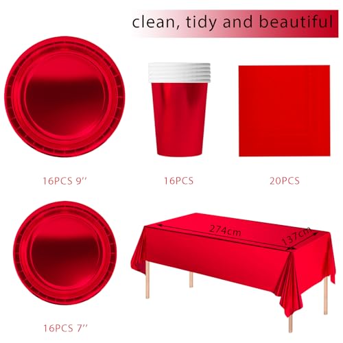 POPOYU 69Pcs Foil Red Party Paper Tableware Set,Metallic RedParty Paper Plates,Red Foil Tablecloth,Cups,Napkins Tableware Set for Birthday,Wedding,Christmas,Union Jack Royal Party Supplies(16 Guests) - Image 2
