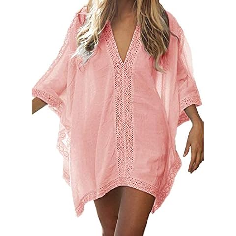 JFAN Women Loose Bikini Beach Cover up Dress V Neck Beach Bathing Pareos Oversized Half Sleeve Cover Up Smock Ladies Summer Solid Color Beachwear Pink Cover