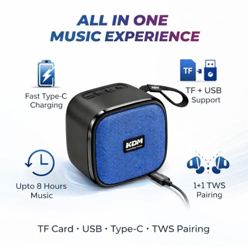 Image of KDM 30 DotCom Portable Bluetooth Speaker, 5W Clear Sound, 8H Playtime, TWS Pairing, FM Radio, Hanging Strap, USB /TF, Type-C Charging, Compact Design,Blue