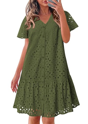 Image of KIRUNDO Eyelet Dresses for Women Button Down Mini Babydoll | 2026 Summer Short Sleeve Boho Sundress, Loose Fit V Neck Short Dress With Pockets, A Line, Cruise Beach Vacation Outfits