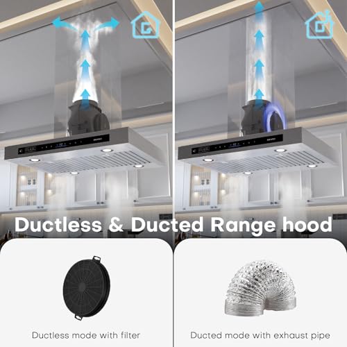 Image of BRANO Island Range Hood 36 Inch with 900 CFM 4 Speeds, Voice /Gesture /Touch Control Kitchen Hood, Ducted /Ductless Convertible, Adjustable Lights Stainless Steel Vent Hood