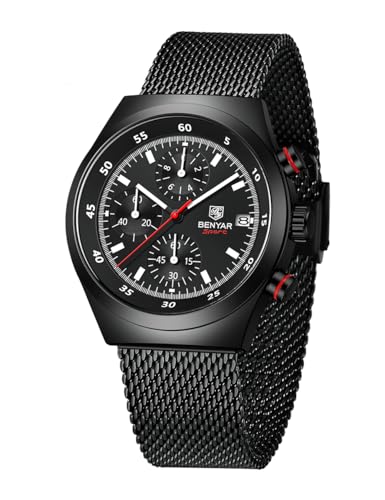 BENYAR by Herrenuhr Quarzwerk 30M Wasserdicht Chronograph Datum Edelstahl Mesh-Armband(schwarz)