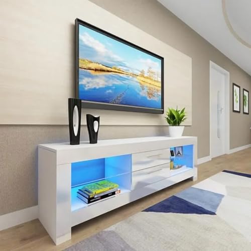 Dripex Meuble TV avec lumières LED Unité TV, Unité de Divertissement à façade Brillantes Blanches, Blanc,130cm