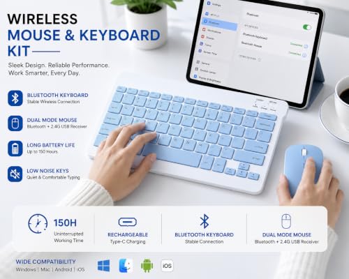 Image of Wireless Bluetooth Keyboard and Mouse Combo, Rechargeable Slim Multi-Device Keyboard with Bluetooth, Mouse with Bluetooth & 2.4G USB Receiver. (Sky Blue)