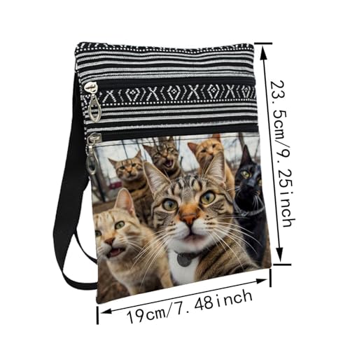 Women's Small Selfie Cats Crossbody Bag, Ethnic Pattern, Polyester, Zipper Closure, Adjustable Strap, 2 Pockets, Cat Lovers, Adults, Small Frame2