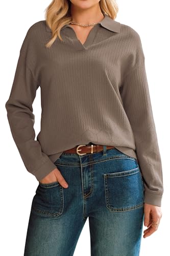 Arach&Cloz Womens 2026 Spring Cotton V Neck Long Sleeve Polo Collared Shirts Lightweight Sweaters Tops Business Casual OutfitsEyelet Knit Dressy Work Clothes Old Money Outfits Coffee S