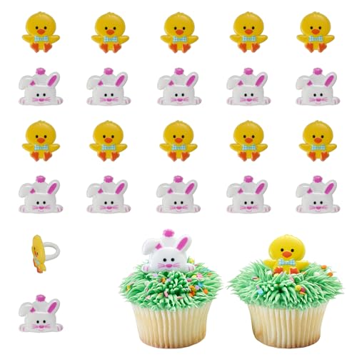 Duck & Bunny Easter Cupcake Rings, 24 Cute Spring Animal Cupcake Toppers, Food Safe Rabbit & Chick Cake Decorations - 24 Pack