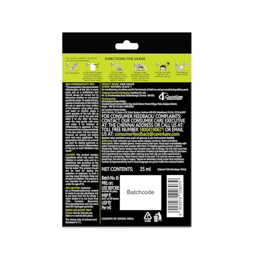 Indica Easy Do-It-Yourself 10 Minutes Hair Color Shampoo with 5 Herbal Extracts and 100% Ammonia Free, Long Lasting Formula, (12.5g + 12.5ml) - Natural Black Colour (Gloves Included)