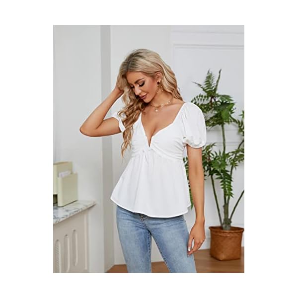 Blooming-Jelly-Womens-Cute-Tops-Peplum-Puff-Sleeve-Going-Out-V-Neck-Sexy-Tops-Backless-Ruffle-Hem-V-Wire-Zip-Blouse Blooming Jelly Womens Cute Tops Peplum Backless Puff Sleeve Trendy Blouses Ruffle Hem V Neck Sexy Tops (Small, White)