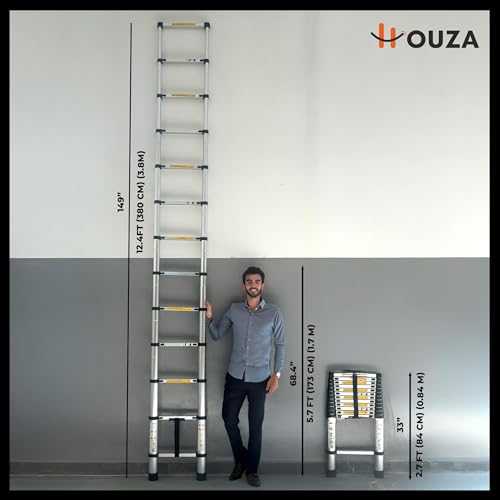 Image of HOUZA Aluminum Telescoping Ladder for Home, 12.5 Ft (3.8m) Foldable Soft-Close Telescopic 13-Step Multi-Purpose Portable Compact Ladder for daily home tasks use safely secure, Industrial & Outdoor Use
