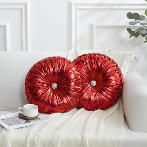 Image of HIG Set of 2 Red Metallic Leather Decorative Round Pleated Throw Pillows | Vintage Floor Pillows, Classy Accent Pumpkin with Center Button, for Sofa Couch Vanity Chair Bed, 14.5 inch Diameter