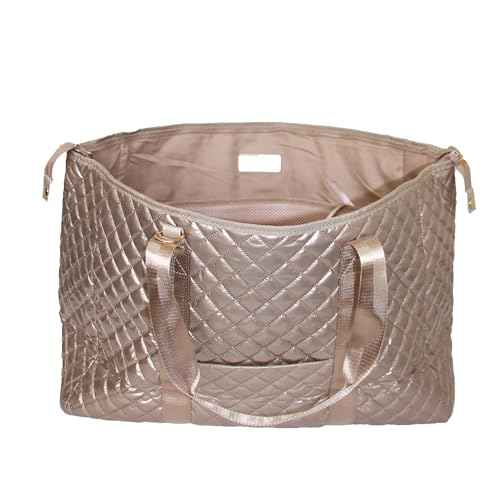 Large Diamond Weekender Bag Nylon Quilted Metallic Duffel for Travel, Gym, Sports, and Overnight Stays Stylish & Spacious, Champagne3