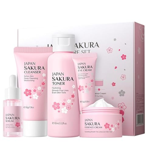SAKURA Ensemble de soins de la peau pour femmes et filles avec nettoyant, sérum pour le visage, crème tonique, crème pour les yeux, ensemble de soins de la peau pour femmes, adolescentes, filles