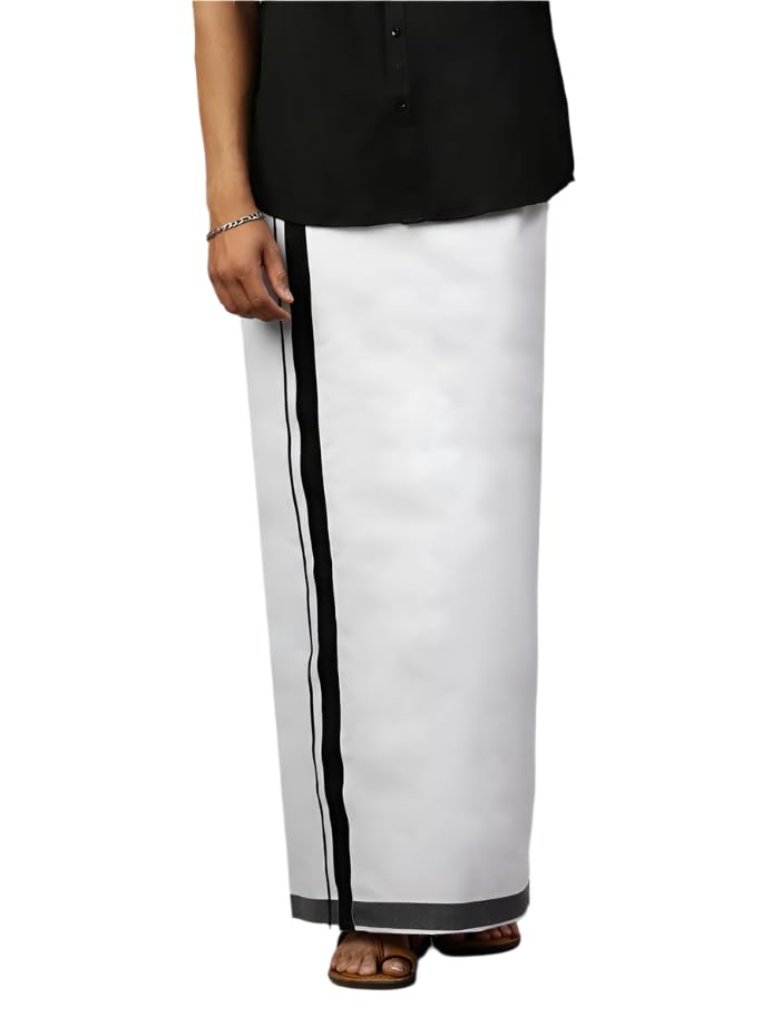 Image of RAMRAJ COTTON Men Black Fancy Border Single Layer Dhoti Crafted For Festive Occasions And Classic Ethnic Style