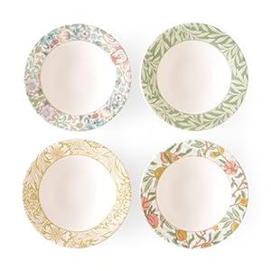 Spode Morris & Co Bistro Pasta Bowl | Set of 4 Large Bowls with Assorted Designs for Pasta, Salads or Soup | 10.5 Inch Small Serving Bowl made of Fine Earthenware | Dishwasher Safe | Made in England