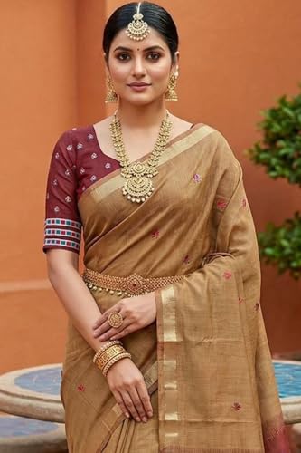 Image of SGF11 Women's Soft Cotton Linen Silk Saree With Unstitched Blouse Piece