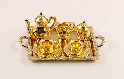nanguawu 1:12 Miniature 8PCS Vintage Golden Tea Cup Coffee Serving Set Dollhouse Kitchen Accessories