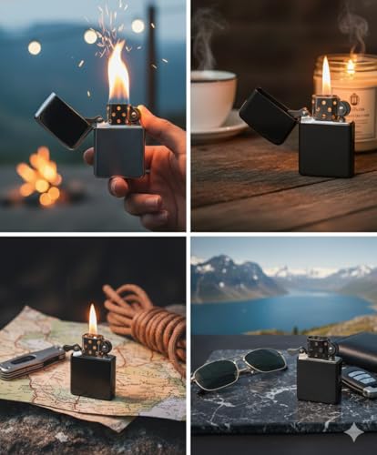 Image of Refillable Small Pocket Cigarette Lighter Metal Body Fuel Lighter Without Fuel Fill The Lighter with Oil Fuel for Outdoor Travel Utility Use (Metalic Black)