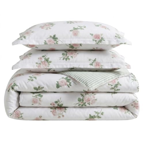 Image of Martha Stewart - Queen Comforter Set, 100% Silky Smooth Cotton Sateen Floral Bedding for Year Round Comfort, 3 Piece Bed Set with Matching Pillowcases (Tea Rose Pink)