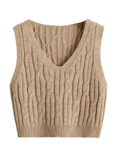 Floerns Women's Cable Knit Sleeveless Sweater Vest V Neck Pullover Crop Tops