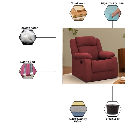 Image of Kayro Comfy Fabric | 1 Seater Recliner Sofa, Premium Fabric Upholstery, Soft Padded Body with Comfortable Cushions, Manual Recliner Chair for Living Room & Home Relaxation | Maroon