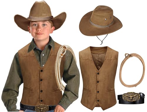 KAIPUTE Kids Western Cowboy Costume Boys Vest Hat Belt for Halloween Party Cosplay 13-14 Years Brown