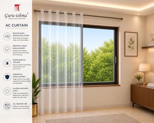 Image of 9 ft Solid Transparent AC Curtain | Waterproof Heavy-Duty 0.15 mm | Dust Wind Rain Protection, Mold & Mildew Resistant | All Season Use for Door, Window & Bathroom (Pack of 1)
