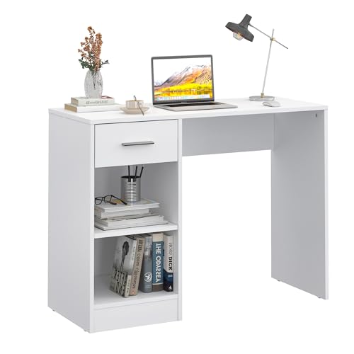 Panana 1 Drawer Wooden Computer Desk Work Table Home Office PC Desk Dressing Table with Shelves for Bedroom, 100cm x 40cm (White)