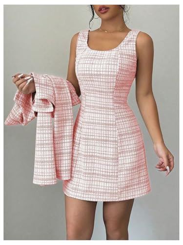 SOLY HUX Women's 2 Piece Outfits Plaid Long Sleeve Button Down Cropped Jacket and Sleeveless Mini Dress Sets3