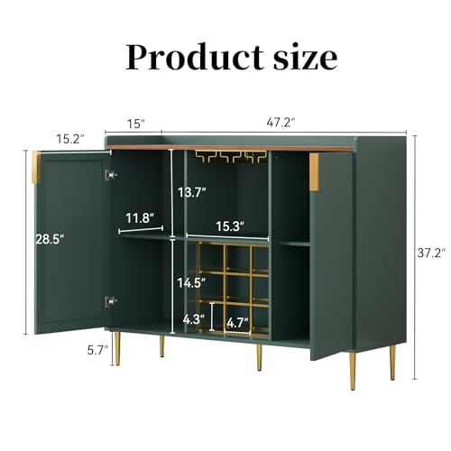 Image of ARTPOWER 48 inch Wine Bar Cabinet with Fluted Texture, Modern Buffet Sideboard with Wine Rack and Glass Holder, Liquor Coffee Station with Storage for Kitchen, Living Room, Home Bar, Green