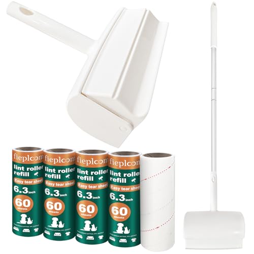 Fieploom Large Lint Roller for Pet Hair - Extra Sticky with Marked Easy Peel Sheets 45 Long Handle & 6.3 Wide Roller 5 Refills (300 Sheets) Lint Remover for Floor Carpet Furniture Couch Clothes