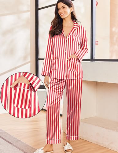 Image of Ekouaer Pajamas for Women Silk Satin Button Down Long Sleeve Pajama Sets