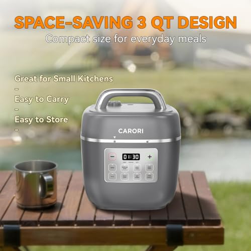Image of CARORI 3 Qt Electric Pressure Cooker, 8-in-1 Compact Multi-Cooker with Ceramic Nonstick Pot, 700W, Saute, Slow Cook, Rice, Stew, Delay Start, Keep Warm, Gray