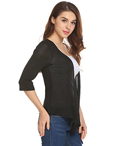 Concep Open Front Black Shrug Cropped Top Shirt Long Sleeve Wrap Cardigan for Women (Black, XXL)