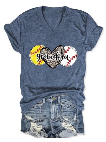 Semisun Women's V-Neck Grandma T-Shirt Baseball Softball Leopard Heart Graphic Tee Grandma Game Days Casual Short Sleeve Top