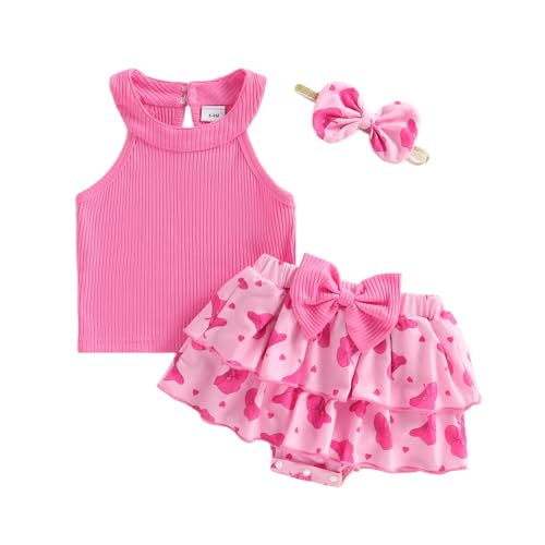 ZAXARRA Newborn Baby Girl Fashion Summer Outfits Sleeveless Halter Tops Ruffle Shorts Headband Set Infant Western Clothes (Pink, 6-9 Months)