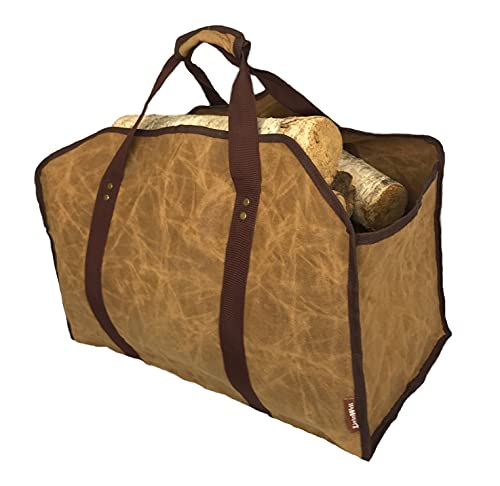 LivinWell Firewood Carrier Log Tote Bag Stands Up for Easy Wood Loading Large Heavy Duty Waxed Canvas Optional Metal Rack for Fireplace Storage Carry Basket with Closed Ends by LivinWell - Used condition - US$22.68