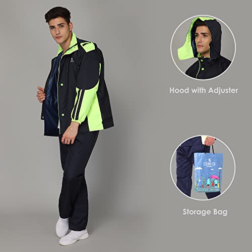 Image of THE CLOWNFISH Solomon Series Men's Waterproof Polyester Double Coating Reversible Raincoat with Hood and Reflector Logo at Back. Set of Top Bottom. Printed Plastic Pouch Rope
